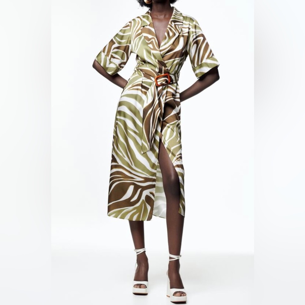 ANIMAL PRINT SHIRT DRESS Ecru Green ZARA